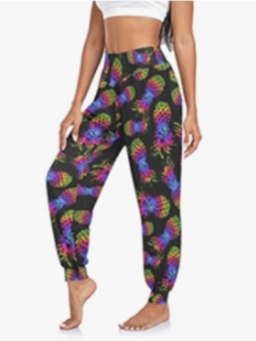 Black Jogger Pants with Rainbow Pineapple Print